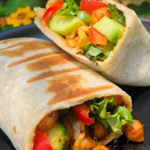 A warm Spicy Chickpea Wrap toasted on a griddle, ready to be enjoyed for a quick and healthy meal.